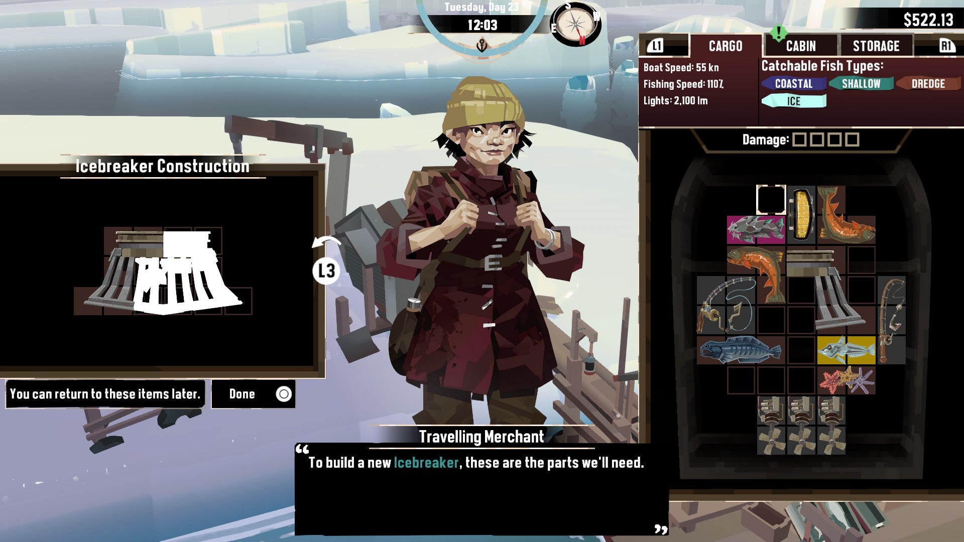 A conversation with a character in Dredge's Pale Reach DLC