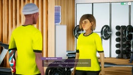 A man in a bright yellow t-shirt talks to a woman (also in a bright yellow t-shirt) in a gym in Life By You