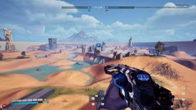 A screengrab of a playest of a new Tribes game, showing the player high above a sandy map with buildings in the distance