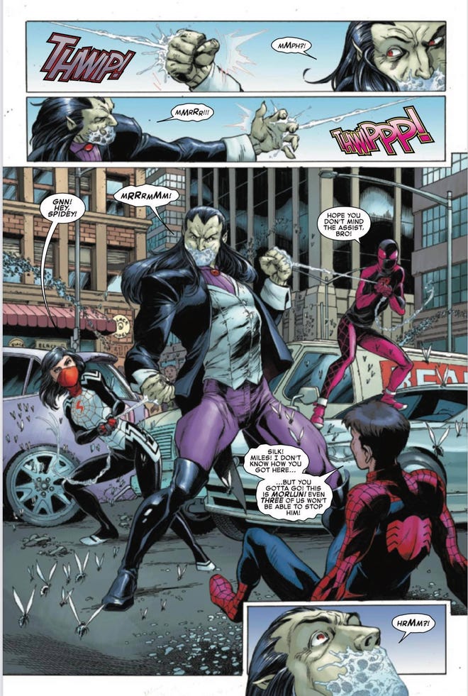 Morlun vs Spider-Man (Peter), Spider-Man (Miles), and Silk (art by Mark Bagley)