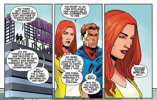 Death explains her relationship with Marlo Chandler in Ben Reilly: Scarlet Spider #7 (art by Will Sliney)