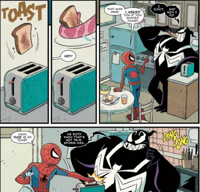 Venoms steals Spider-Man's toast (art by Gurihiru)