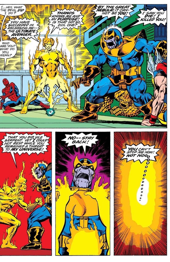Warlock vs Thanos (art by Jim Starlin)