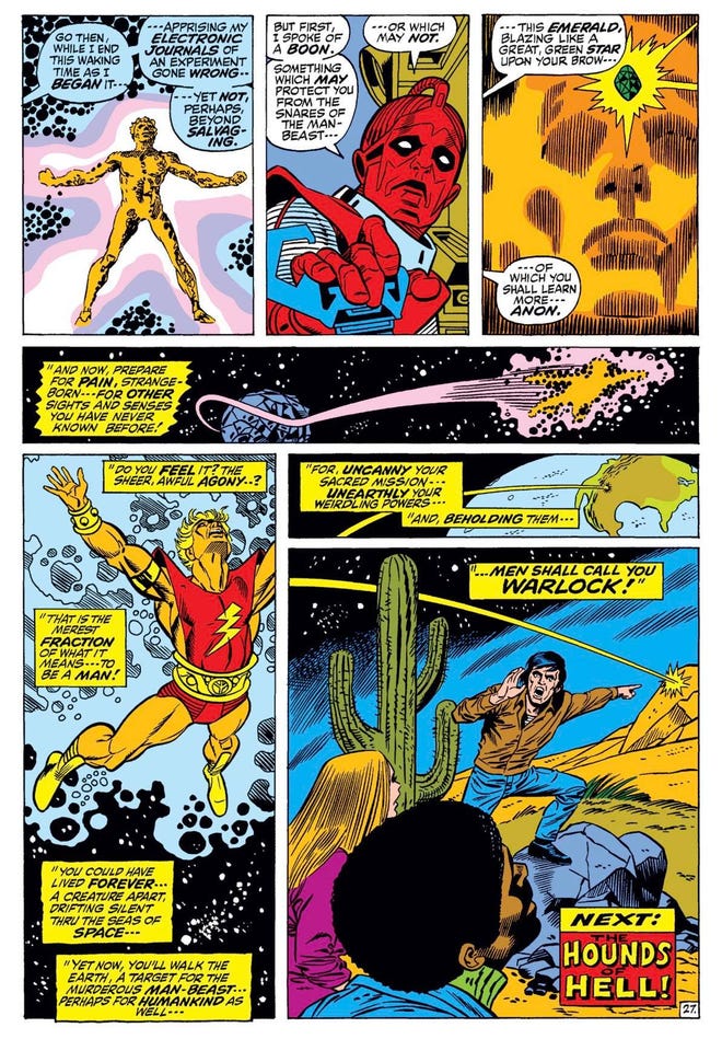 Warlock gains a name and his Infinity Gem (art by Gil Kane)