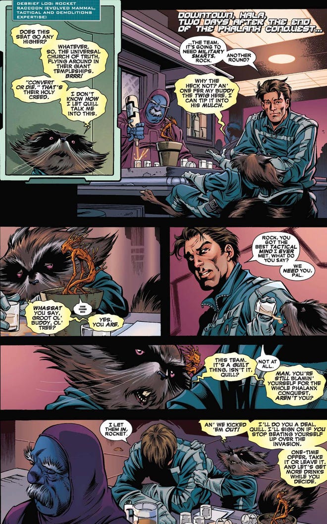 Rocket joins the Guardians of the Galaxy (from Guardians of the Galaxy #1)