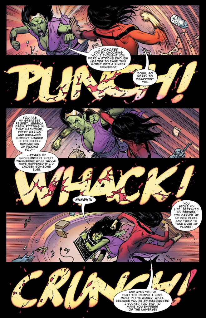 Spider-Woman battles Veranke, as seen in Spider-Woman #19 (2022) penciled by Pere Perez