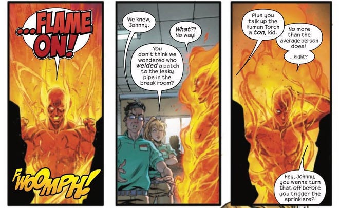 The Human Torch reveals his "secret identity" (as seen in Fantastic Four #3)