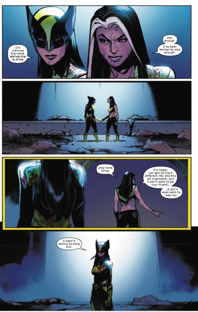 Wolverine and her clone set some ground rules (from X-Men #18)