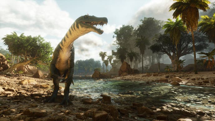 A screenshot from Ark: Survival Ascended showing a Baronyx looming menacingly on the edge of a river bank.