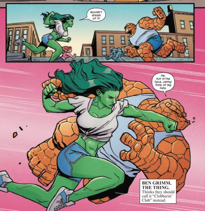 She-Hulk and Ben Grimm battle (from She-Hulk #11)