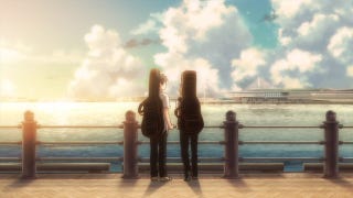 Still image from anime Given featuring two men standing at a pier looking at the water