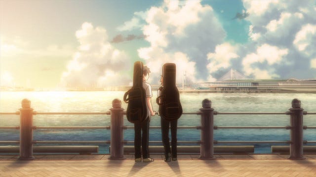 Still image from anime Given featuring two men standing at a pier looking at the water