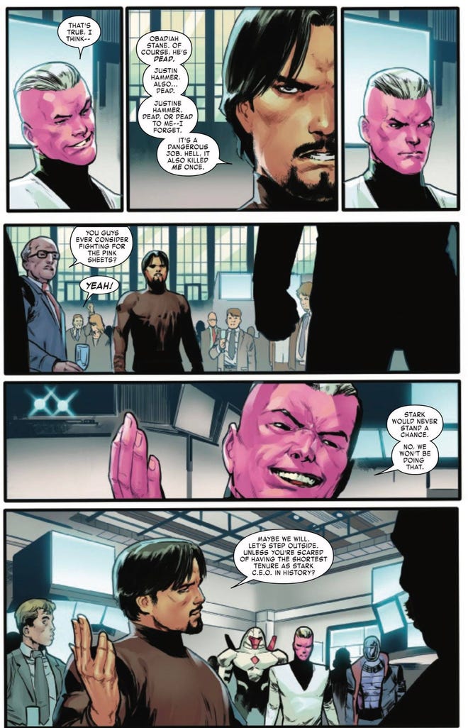 Tony Stark warns Feilong to leave his company alone (Invincible Iron Man #4)