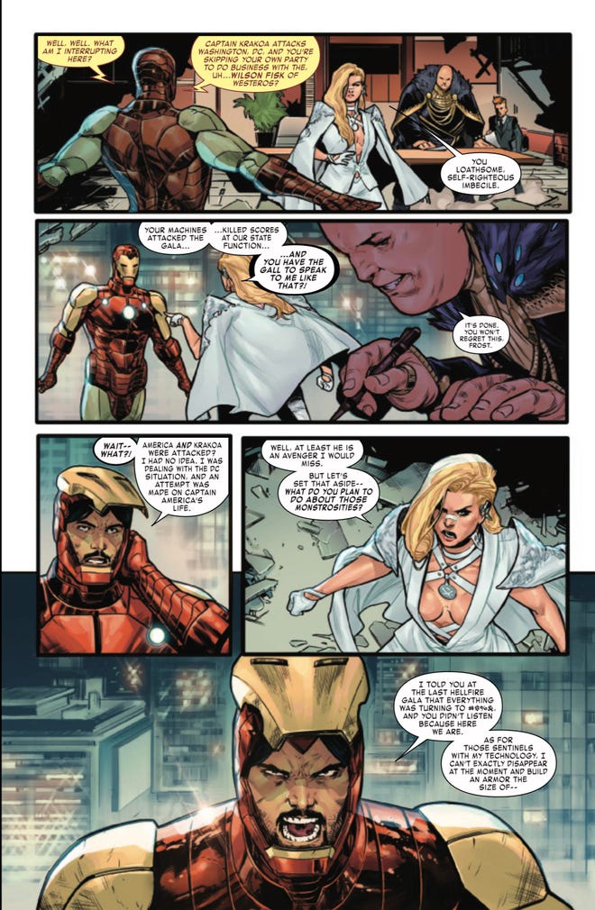 Iron Man and Emma Frost argue