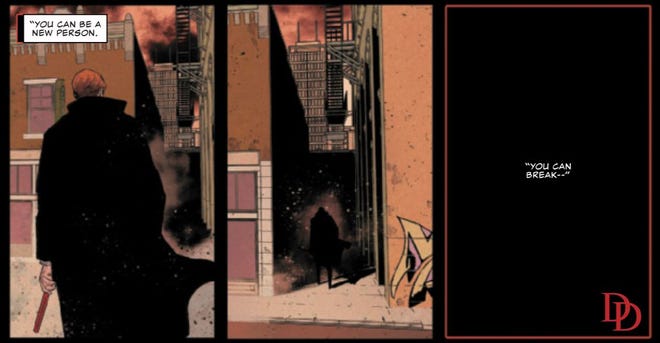 Matt Murdock enters an alley, preparing to reclaim his life as Daredevil.