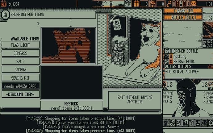 A screenshot from World of Horror showing an in-game shop, run by a Shiba Inu, where players can purchase a range of items.