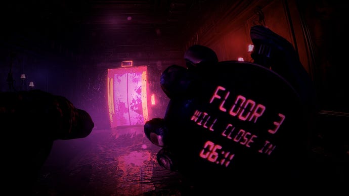 A player rushing to the elevator in KnifePlayground, with a big LED timer in their right hand.