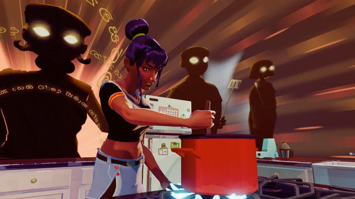 El personaje principal de Thirsty Suitors, Jala, revuelve una olla en una de las fantásticas secuencias de cocina del juego.