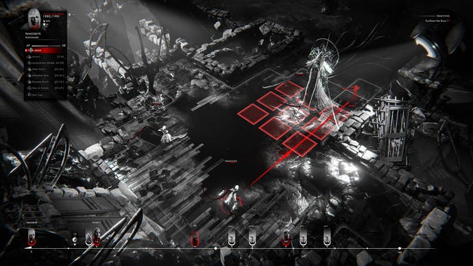 A battle from horror tactics game Othercide, showing the game's Daughters facing off against a huge boss.