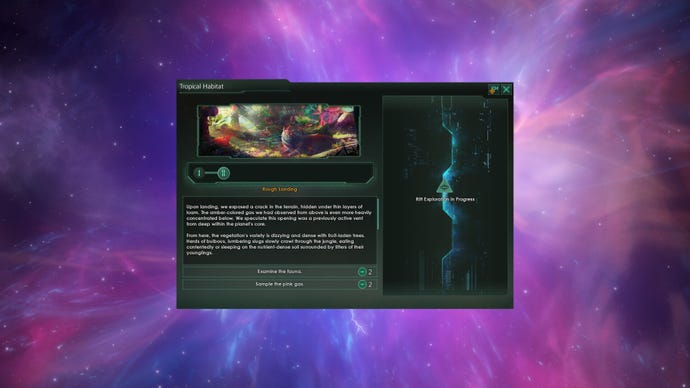 Ein Screenshot des Stellaris Astral Rift DLC, der ein Story-Fenster zeigt, das eine Reise durch einen Riss beschreibt