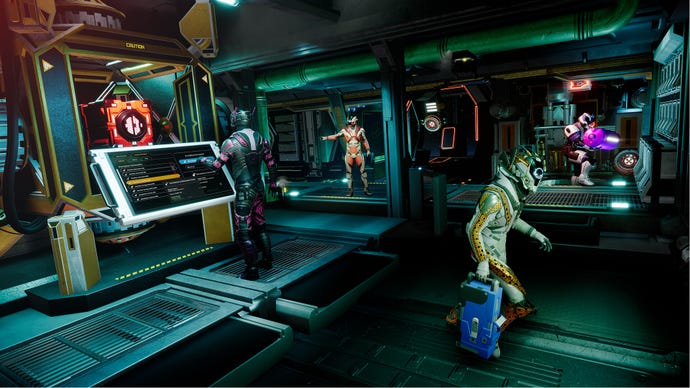 Ein Screenshot von Void Crew, der die Spieler beim Ausführen von Aufgaben in einem Raumschiff zeigt.