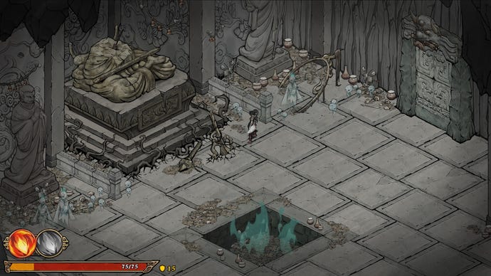 Ein Bildschirm aus „Realm of Ink“, der etwas zeigt, das wie ein eingestürzter Steintempel aussieht, mit den Überresten einer riesigen Statue oben links
