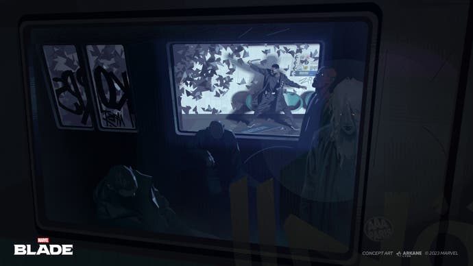 Arte conceptual de Marvel's Blade que muestra un tren lleno de vampiros mientras Blade lucha en la plataforma.