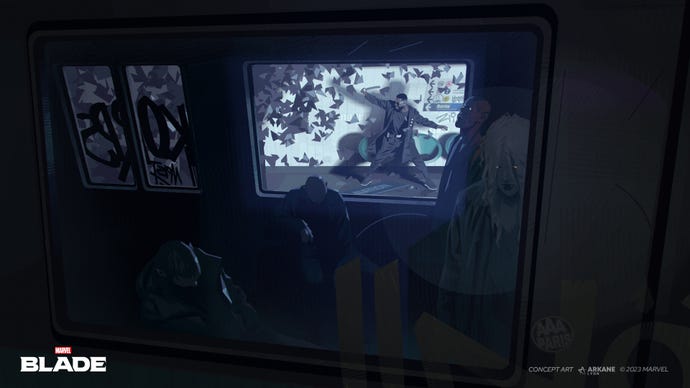 Konzeptkunstwerk für das Spiel Arkane's Blade, das Blade zeigt, wie er durch das Fenster einer U-Bahn voller schläfriger Vampire gegen stilisierte Fledermäuse kämpft