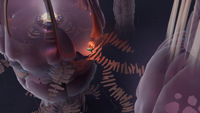El personaje del jugador carga una canica mundial por una escalera de aspecto bastante inseguro en Cocoon de Geometric Interactive.