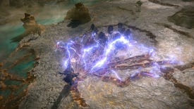 A character shooting lightning bolts at a group of beasts in RPG Path of Exile 2