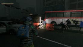 A screenshot of Nakwon: Lost Paradise, showing the player watching another player flee from a horde of zombies near a red bus.
