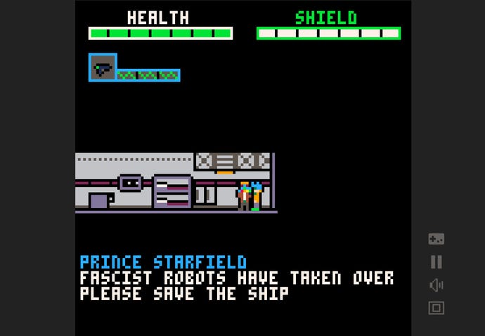 Some dialogue with a friendly NPC from joeAmerica Gayms' PICO-8 shooter Starfield, not to be confused with the Bethesda game of the same name. The other character is saying "Fascist robots have taken over. Please save our ship."