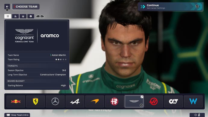Captura de pantalla de revisión de F1 Manager 2023, pantalla de selección de equipo con Lance Stroll de fondo.