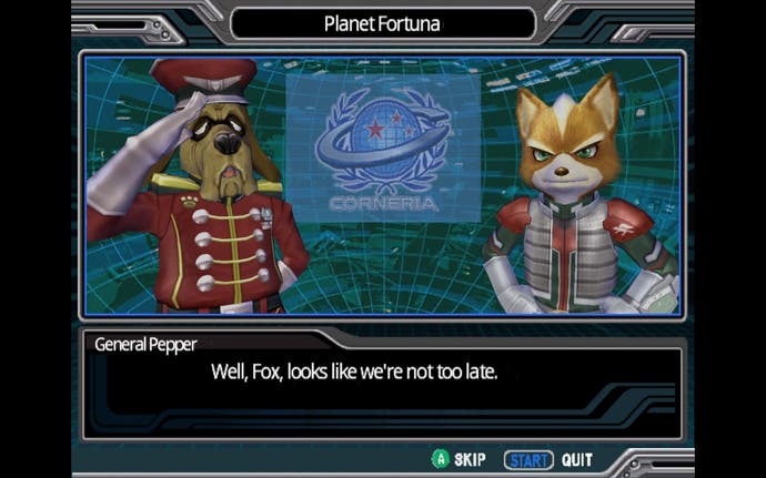 Capture d'écran de Star Fox Assault, le général Pepper parle à Fox McCloud et dit : "Eh bien, Fox, on dirait que nous n'arrivons pas trop tard."
