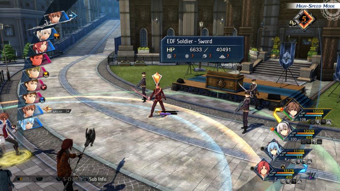Captura de pantalla de The Legend of Heroes: Trails into Reverie, combate que muestra a un 'Soldado EDF' como objetivo de ataque.