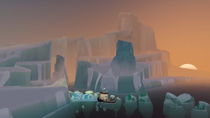 Ein Sonnenuntergang über Eisbergen im Pale Reach DLC von Dredge