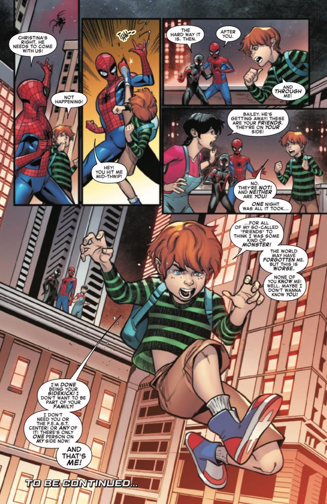 Spider-Boy argues with Peter and Miles
