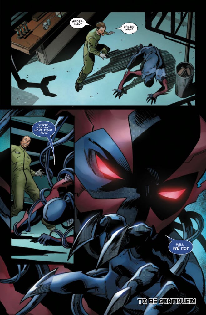 Miguel O'Hara (Spider-Man 2099) bonds with a Venom symbiote