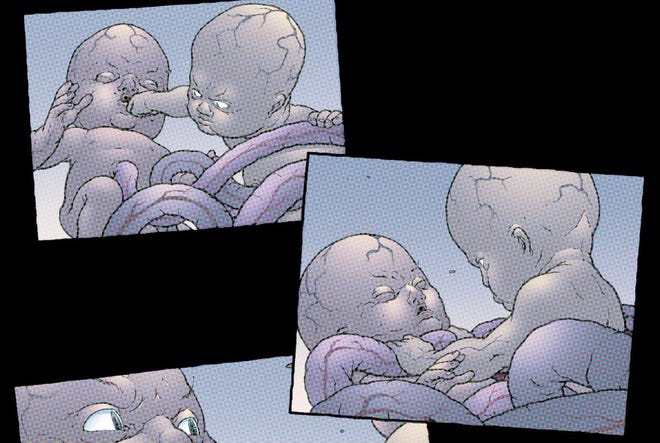 Cassandra Nova attacks her twin brother Charles Xavier in the womb.