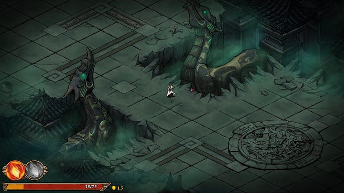 A screen from Realm of Ink, showing the character running between eerie dragon statues in a grey-green dark area