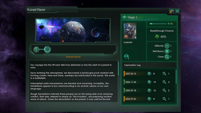 Ein Screenshot des Stellaris Astral Rift DLC, der eine Story-Sequenz einer Reise durch einen Riss zeigt