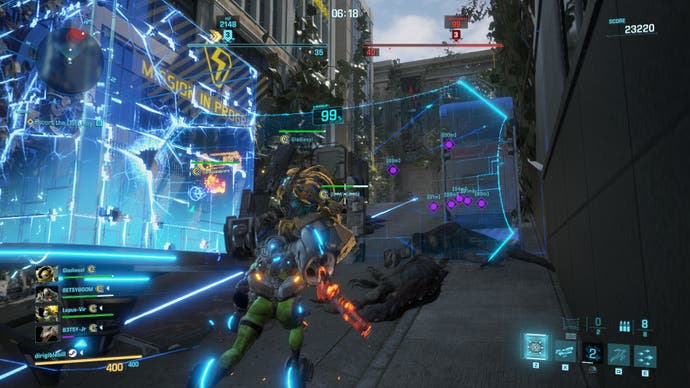 An escort mission in Exoprimal, where a player raises a large shield to protect the player's healer exoskeleton from the dinosaurs ahead.