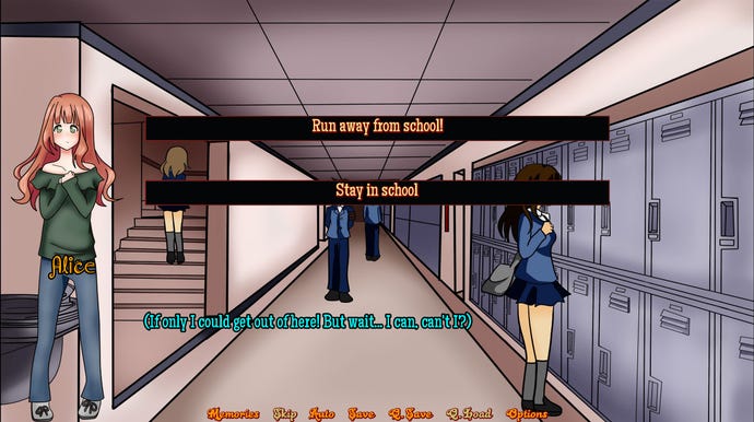 A screenshot of 4 Alice Magical Autistic Girls, showing the protagonist Alice standing in a school corridor, which the choice of leaving or staying in school