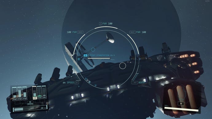 A shipboard view of a player-built spacestation in Starfield created using a mod