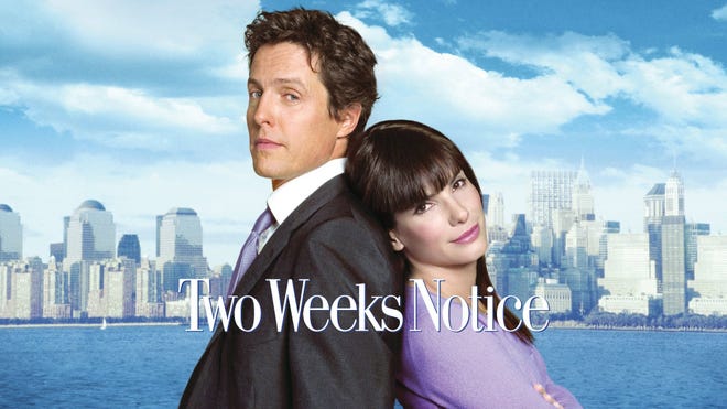 Promotional image of Hugh Grant and Sandra Bullock for Two Weeks Notice