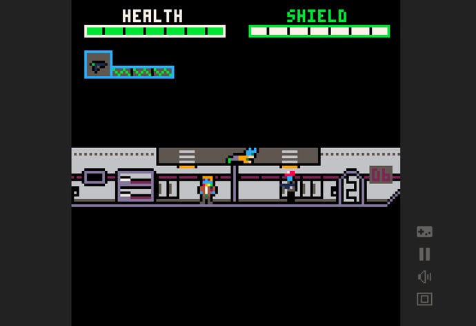 A battle with fascist robots in joeAmerica Gayms' PICO-8 shooter Starfield, not to be confused with the Bethesda game of the same name.