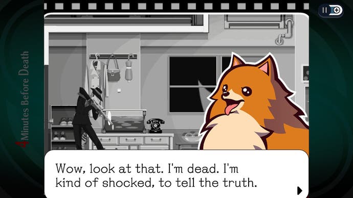 Ghost Trick: Phantom Detective review screenshot, a talking pomeranian says: "Wow, look at that. I'm dead. I'm kind of shocked, to tell the truth."
