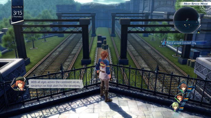 Captura de pantalla de la revisión de The Legend of Heroes: Trails into Reverie: Lloyd Bannings con vista al ferrocarril de Crossbell City en modo de exploración.