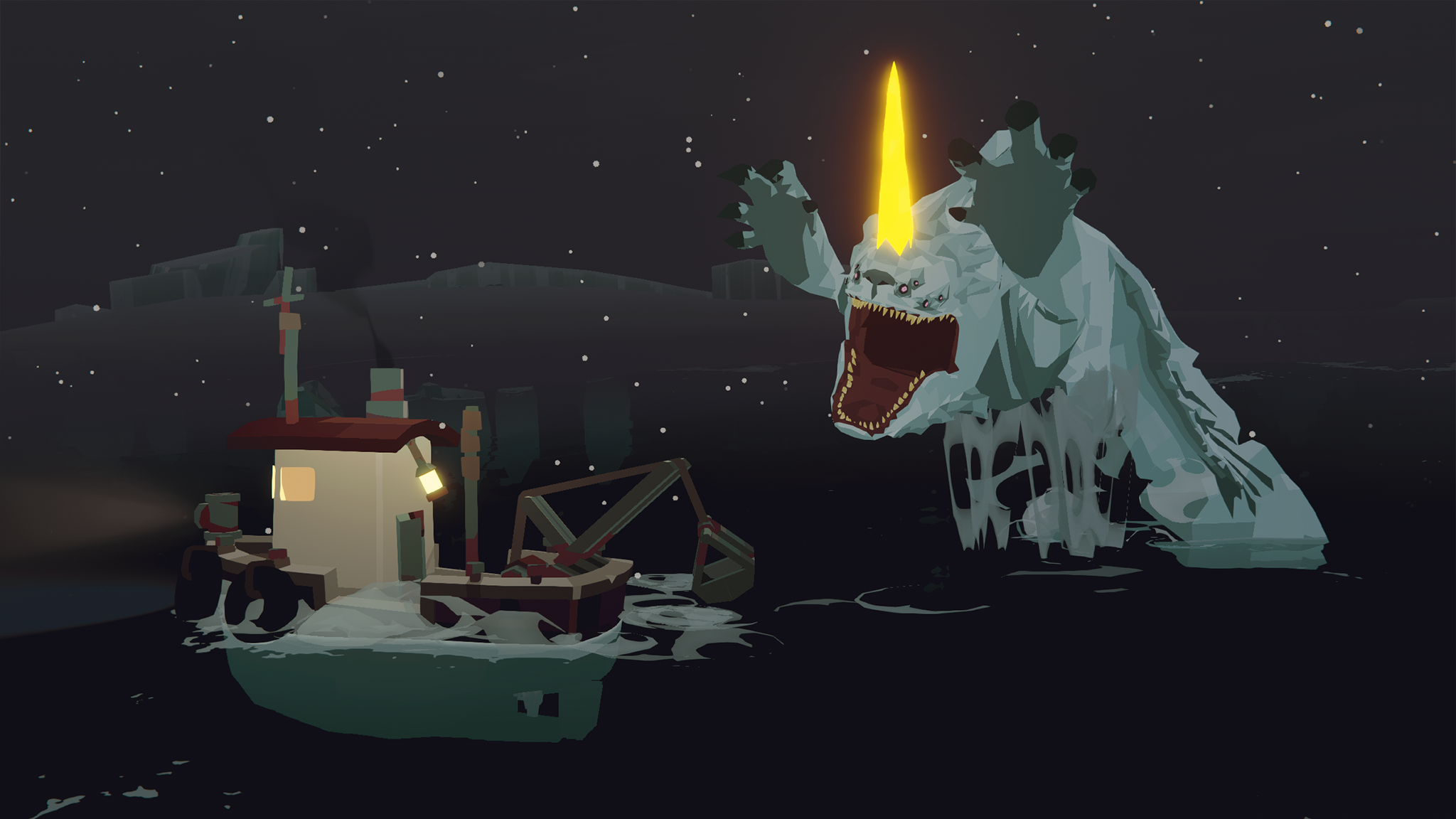 A monster leaping out of the water to attack your ship in Dredge's Pale Reach DLC