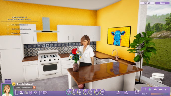 A woman looks at a vase of flowers inside a kitchen with yellow walls and a blue cow painting hanging behind her in Life By You